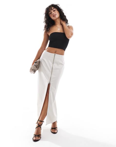 ASOS DESIGN leather look zip detail midi skirt in cream