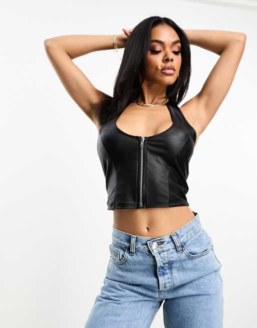 ASOS DESIGN skinny crop tank top in black faux leather with corset detail