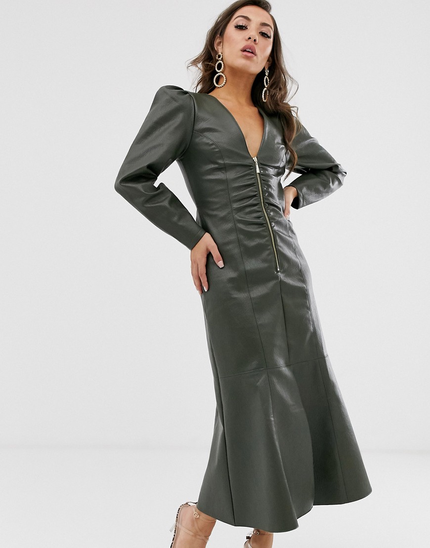 ASOS DESIGN leather look zip through midi dress with pephem-Green