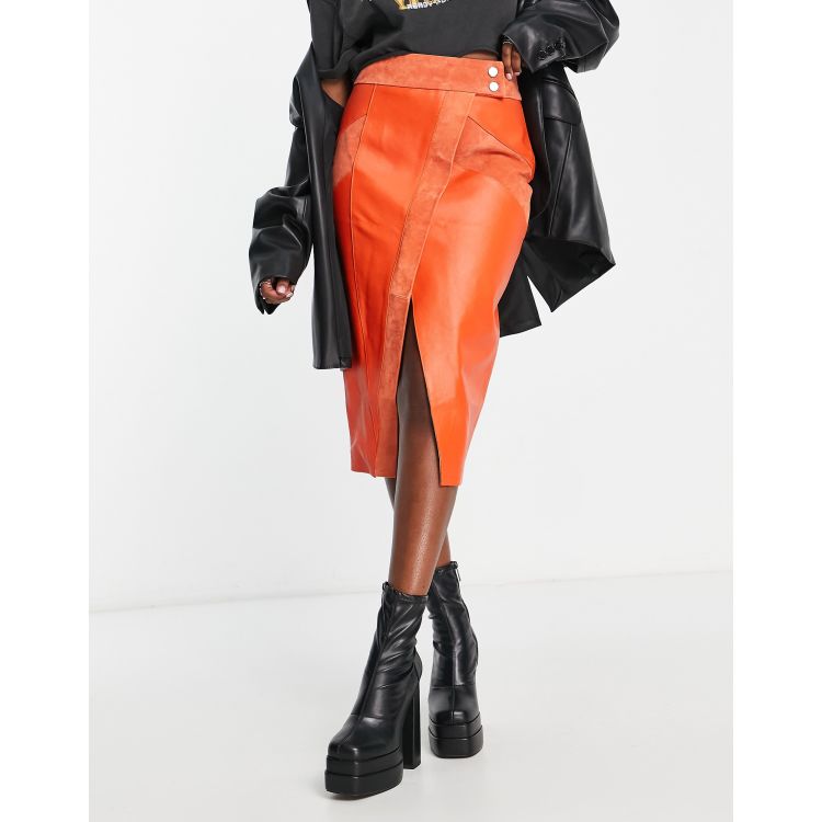 Faux leather orange outlet skirt