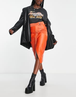 orange leather midi skirt