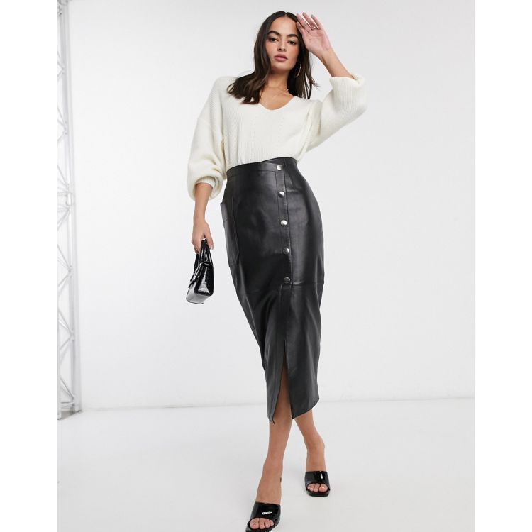 ASOS DESIGN leather midi skirt with button detail in black