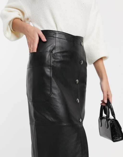 ASOS DESIGN leather midi skirt with popper detail in black