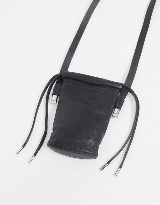 ASOS DESIGN neck bag in black leather with cord detail