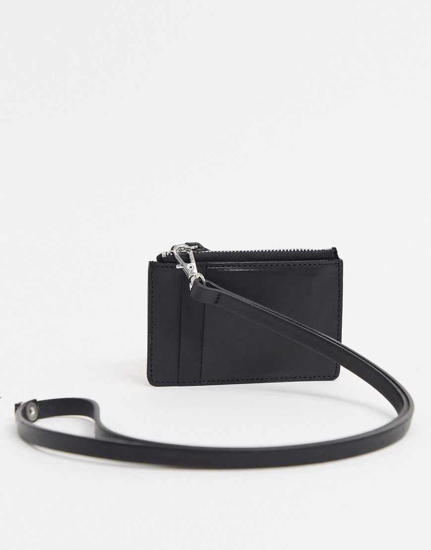 ASOS DESIGN leather neck wallet with card holder and zip in black