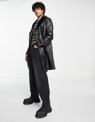 ASOS DESIGN real leather overcoat with faux fur collar in black