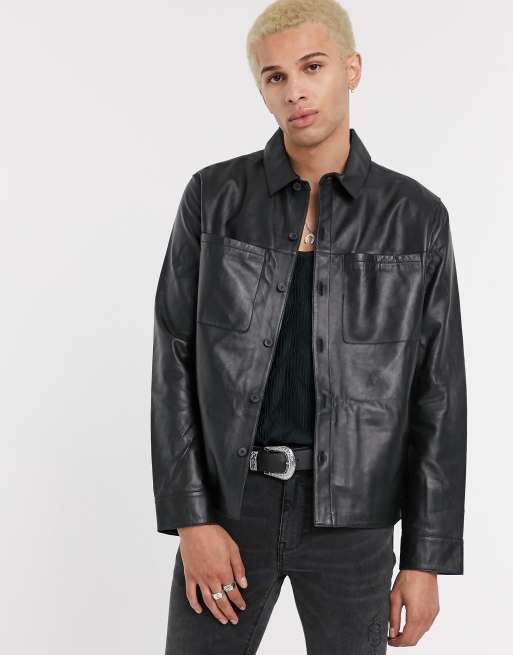 ASOS DESIGN leather overshirt in black | ASOS