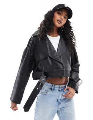 Asos Design Leather Oversized Cropped Trench Coat In Black