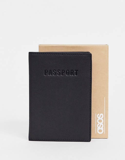 ASOS DESIGN leather passport cover in black with deboss