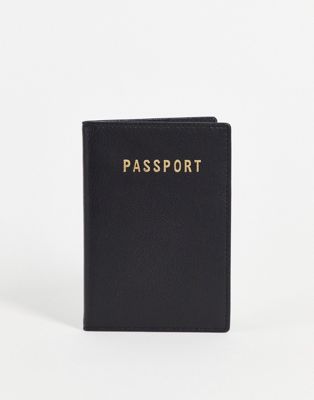 ASOS DESIGN leather passport cover in black with gold lettering