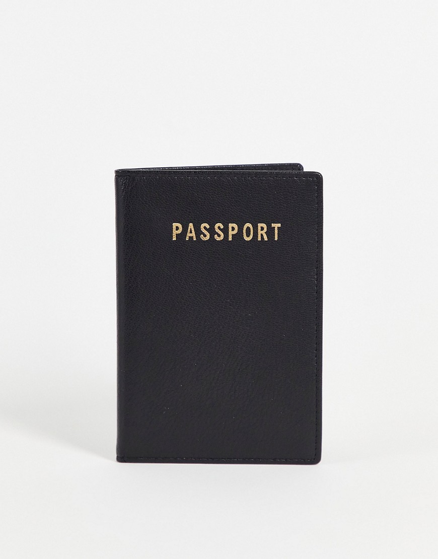 ASOS DESIGN leather passport cover in black with gold lettering