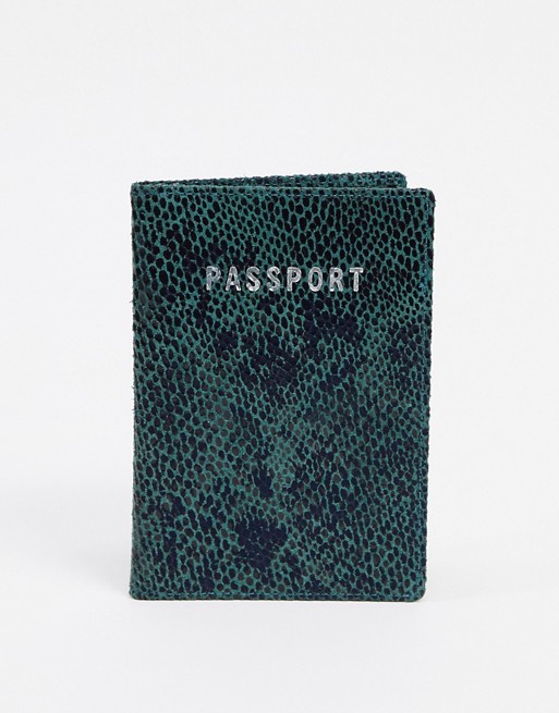 ASOS DESIGN leather passport cover in green snakeskin