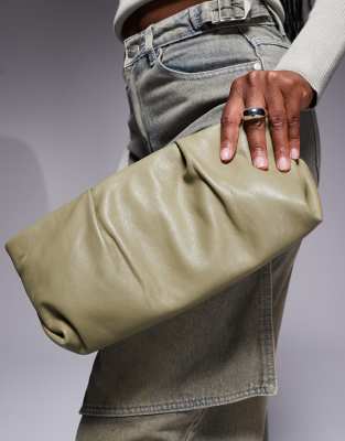 leather pleat detail zip top clutch in green