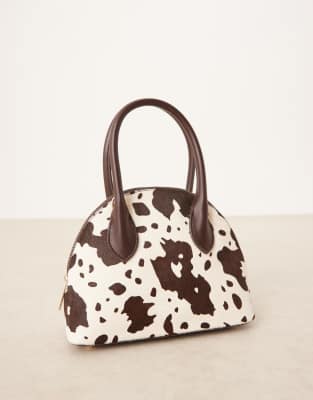 Asos Design Leather Pony Hair Bowler Clutch Bag With Detachable Crossbody Strap In Multi