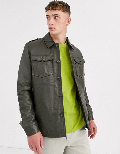 ASOS DESIGN leather quilted overshirt in khaki