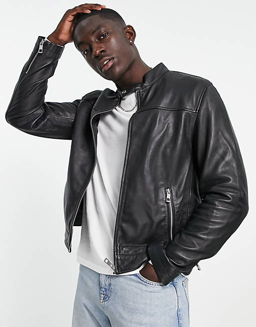 ASOS DESIGN real leather racer jacket in black