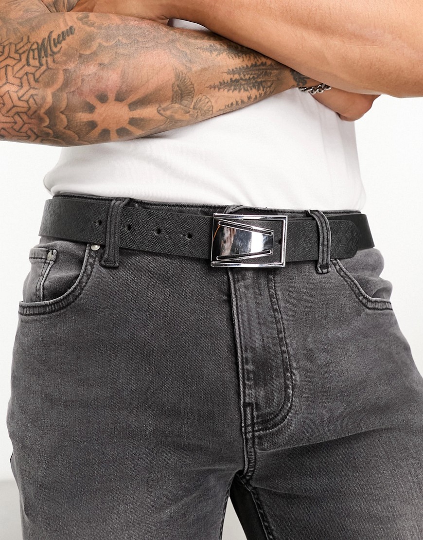 ASOS DESIGN leather saffiano smart belt in black