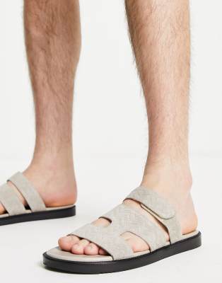 Asos Design Leather Sandals In Textured Stone Leather With Contrast Black Sole-neutral