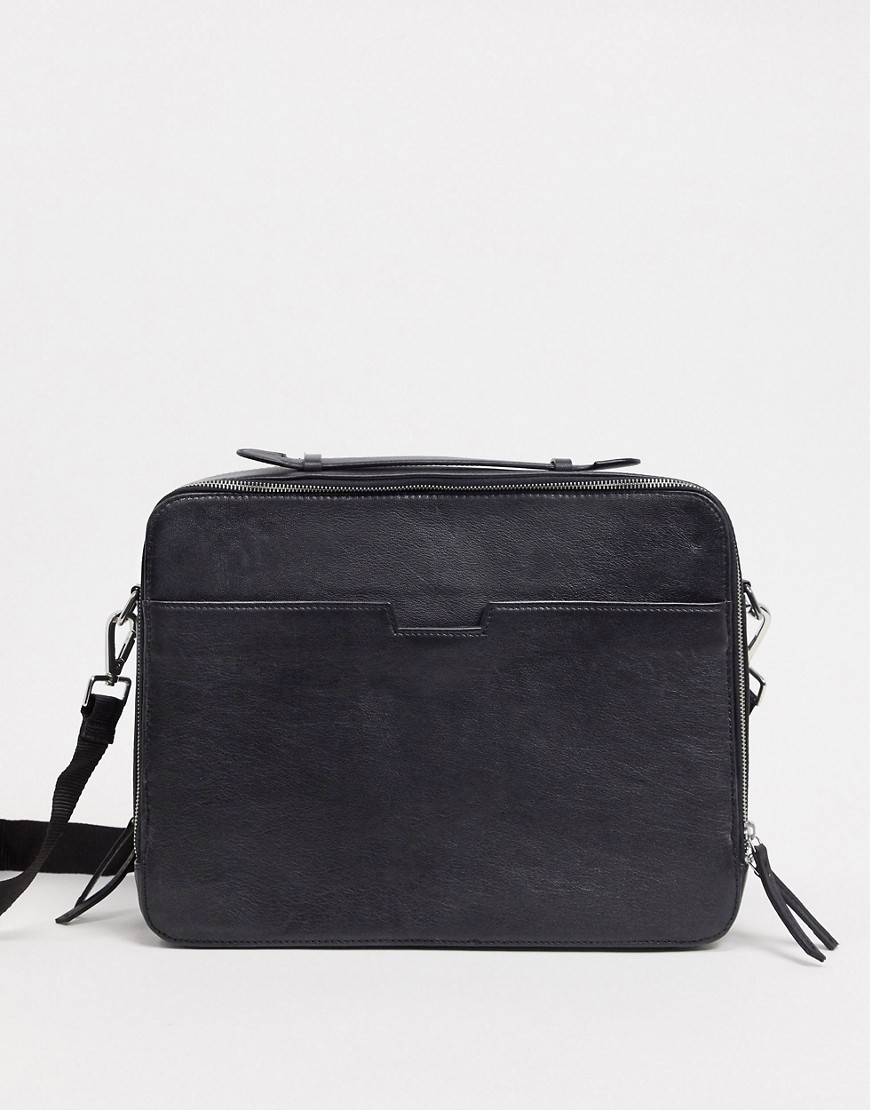 ASOS DESIGN leather satchel in black with zip around detail