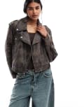 [ASOS DESIGN] ASOS DESIGN leather shrunken biker jacket in washed black XS Black