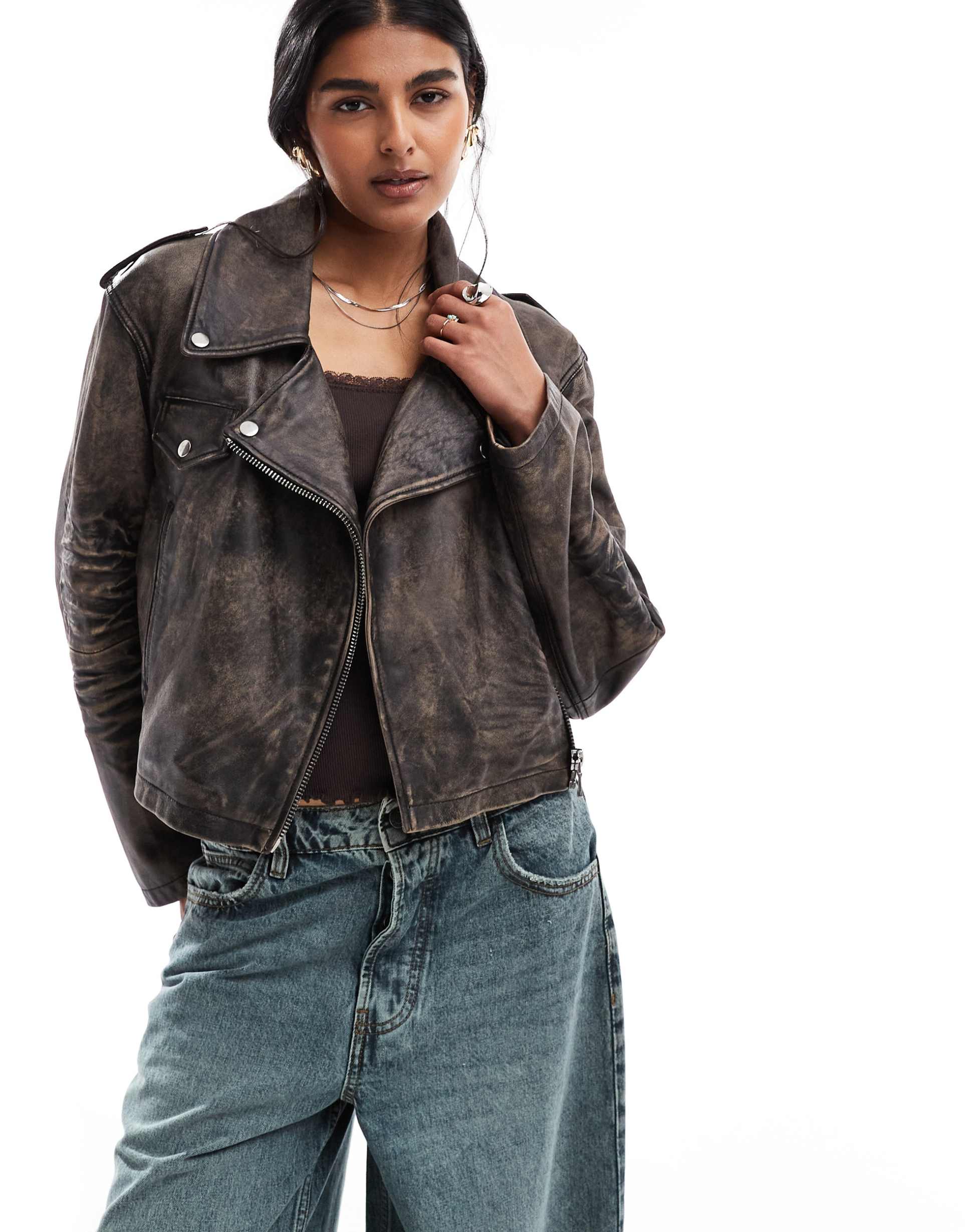 asos design leather shrunken biker jacket in washed black