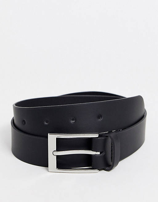 ASOS DESIGN leather silver buckle waist and hip jeans belt in black