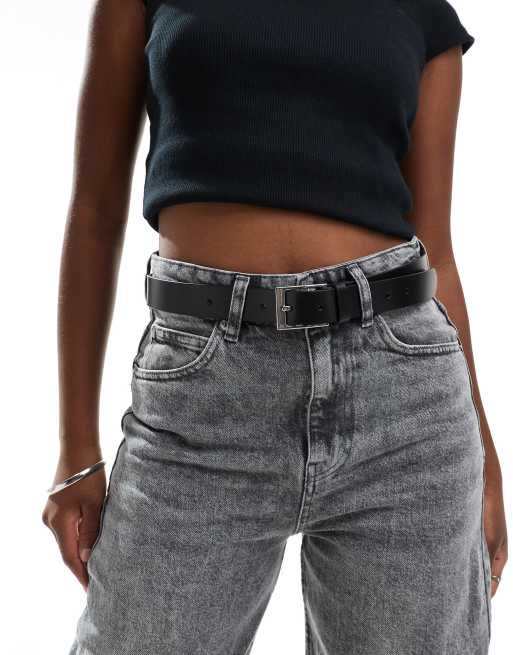 Womens black leather jeans belt with chrome buckle - Hip & Waisted