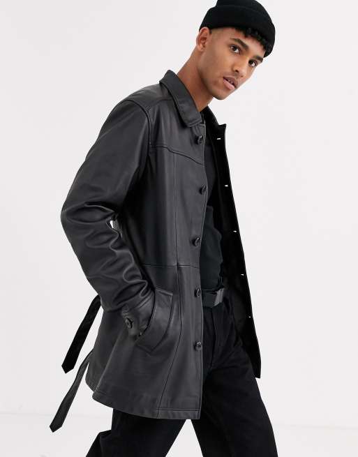 ASOS DESIGN leather single breasted trench coat in black