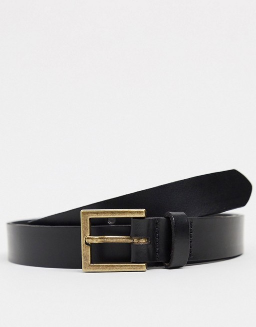 ASOS DESIGN leather skinny belt in black with gold buckle