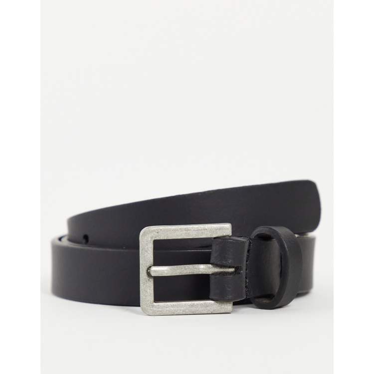 ASOS DESIGN leather skinny belt in black with silver buckle | ASOS