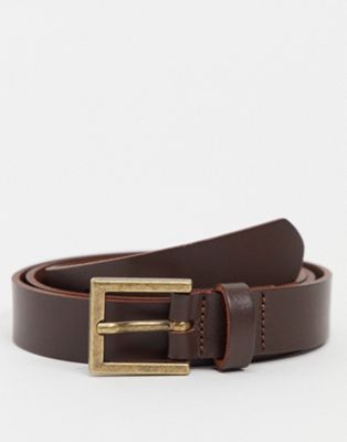 ASOS DESIGN leather skinny belt in brown with gold buckle
