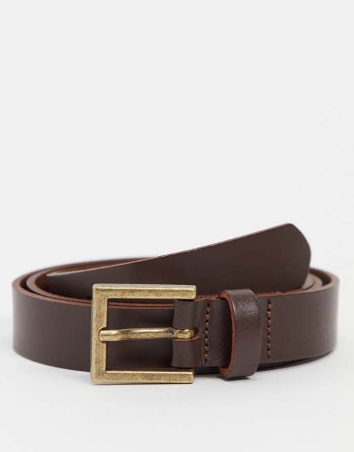 ASOS DESIGN leather skinny belt in brown with gold buckle | ASOS