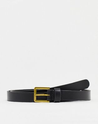 ASOS DESIGN leather skinny belt with gold buckle in black - ASOS Price Checker