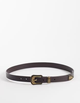 Asos Design Leather Skinny Belt With Textured Edge Antique Gold Buckle In Neutral