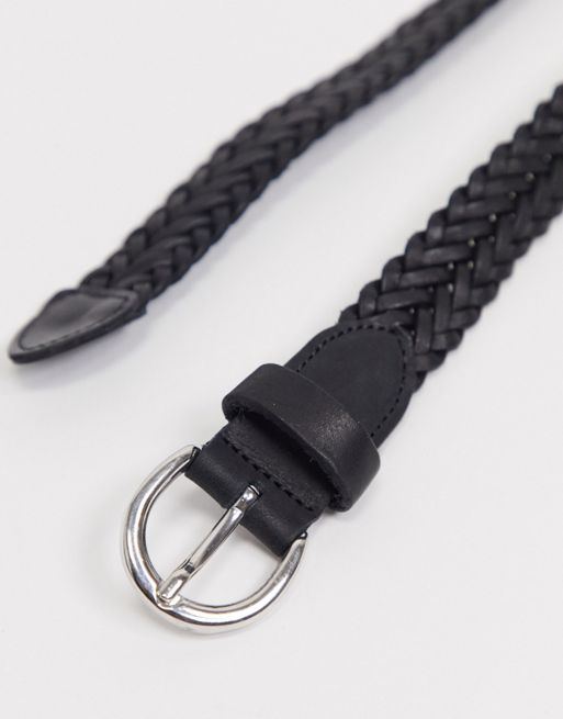 ASOS DESIGN leather skinny braided belt in black