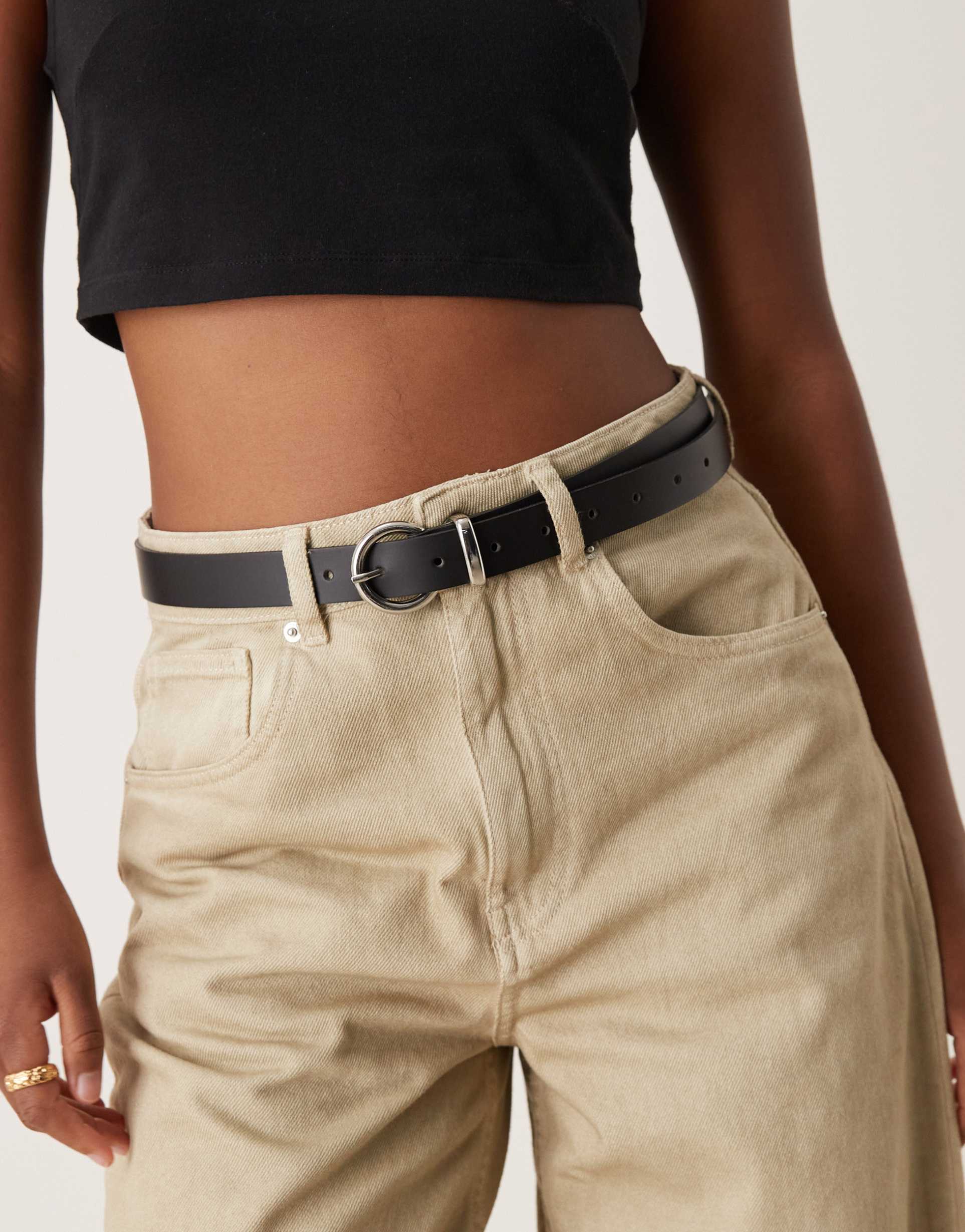 asos design leather skinny waist and hip jeans half moon belt in black