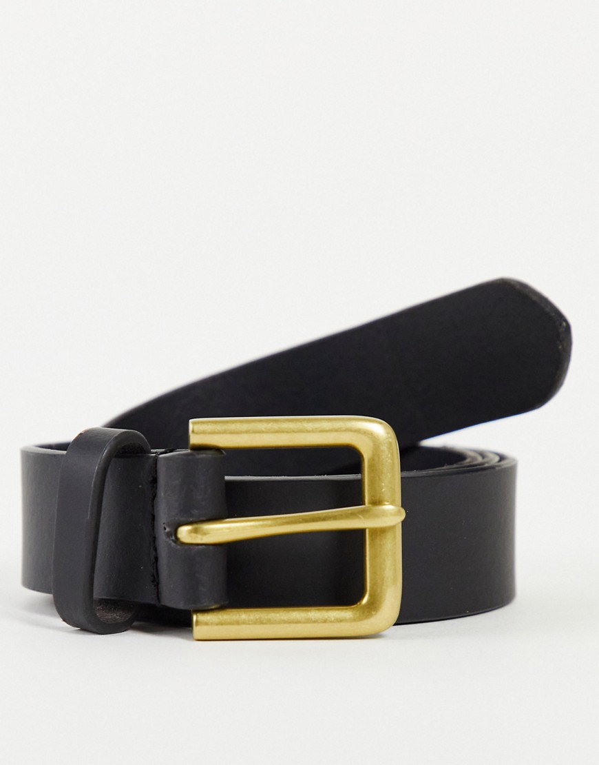 ASOS DESIGN leather slim belt in black with antique gold buckle