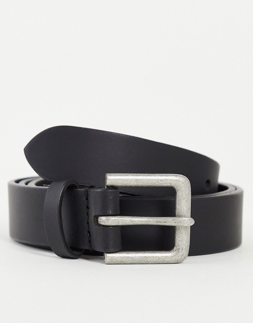 ASOS DESIGN leather slim belt in black with silver buckle