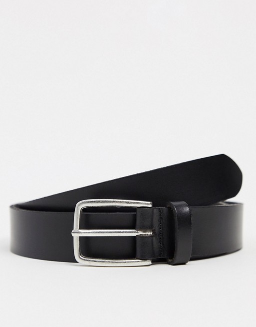 ASOS DESIGN leather slim belt in black with square silver buckle