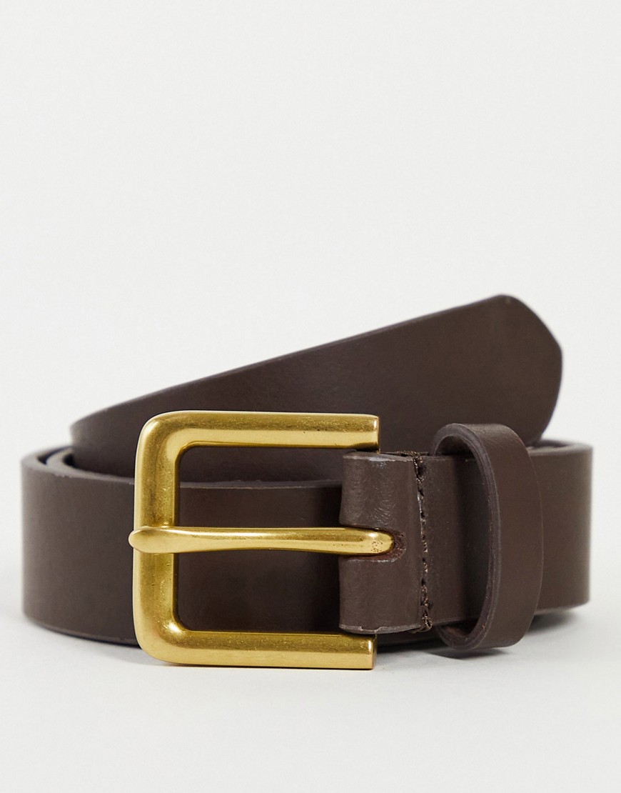 ASOS DESIGN leather slim belt in brown with antique gold buckle