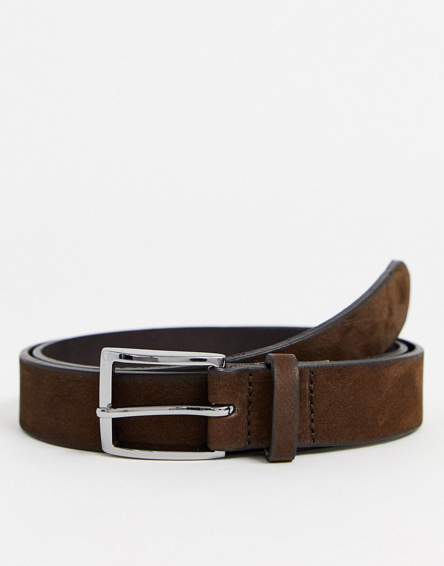 ASOS DESIGN leather slim belt in brown with burnishing detail and silver buckle