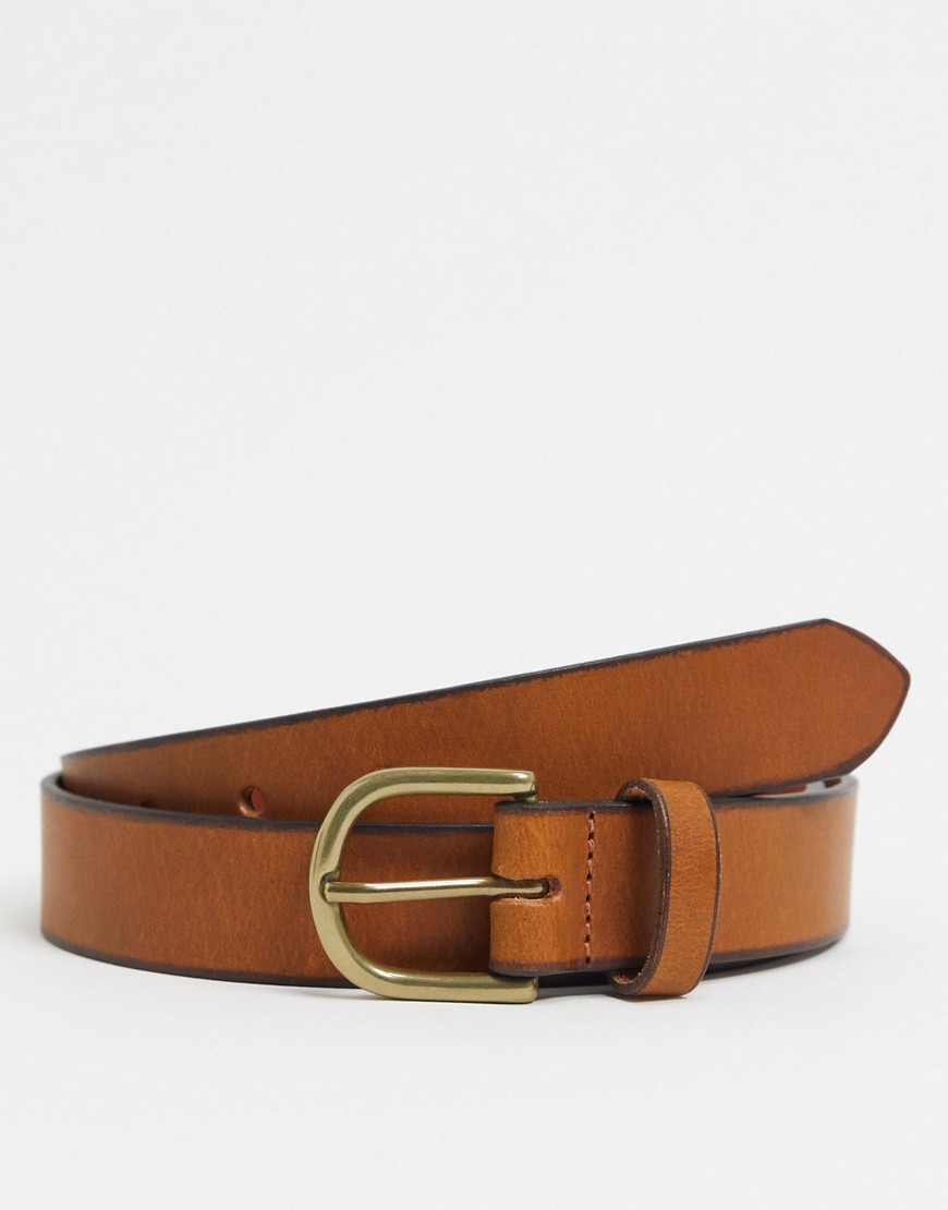 ASOS DESIGN leather slim belt in brown with gold buckle