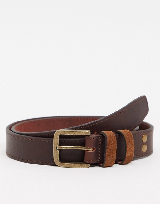 ASOS DESIGN leather slim belt in brown with vintage gold buckle