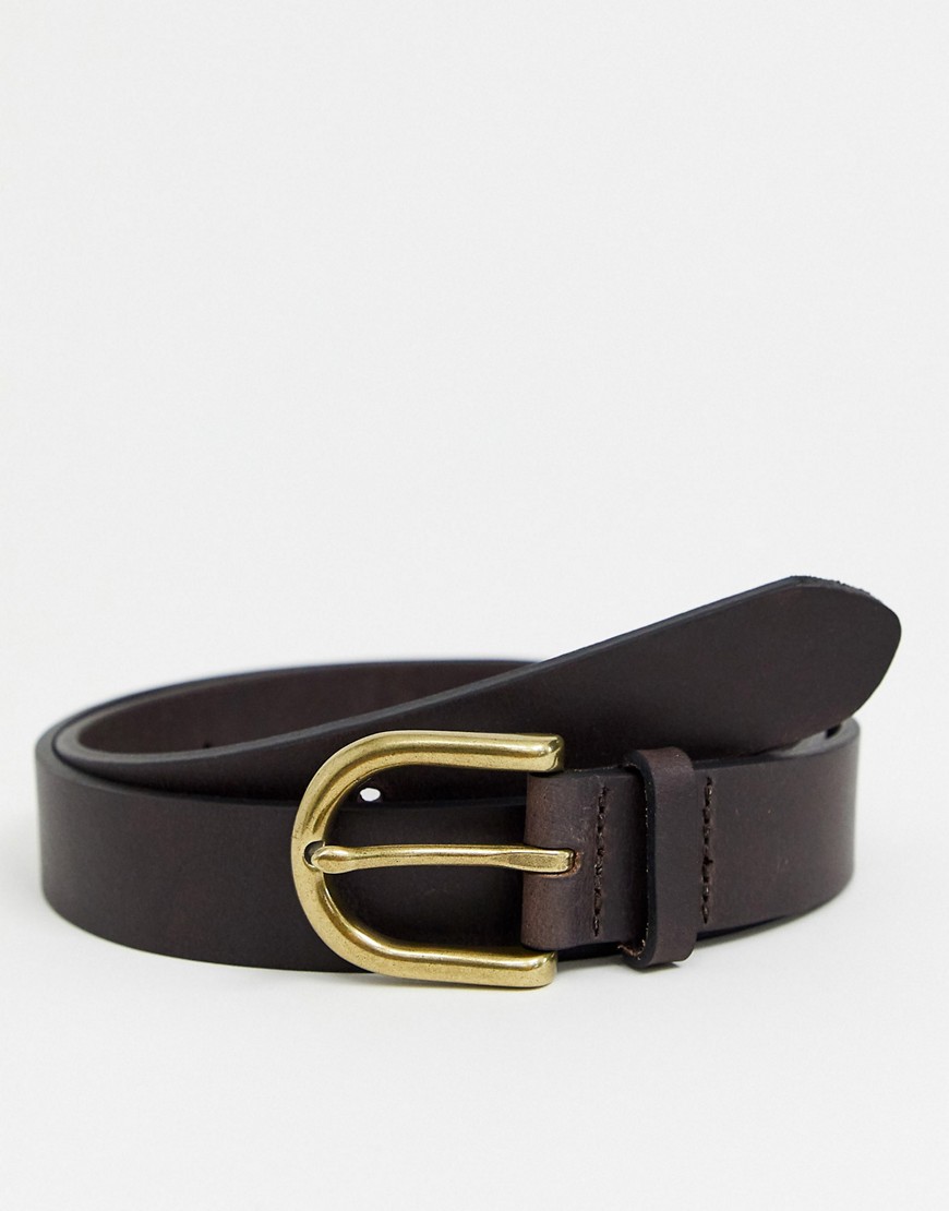 ASOS DESIGN leather slim belt in burnished brown with vintage gold buckle-Tan