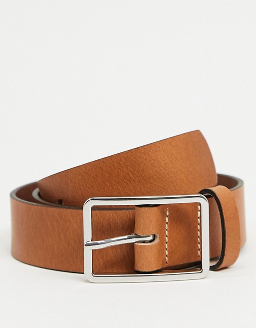 ASOS DESIGN leather slim belt in tan with box buckle