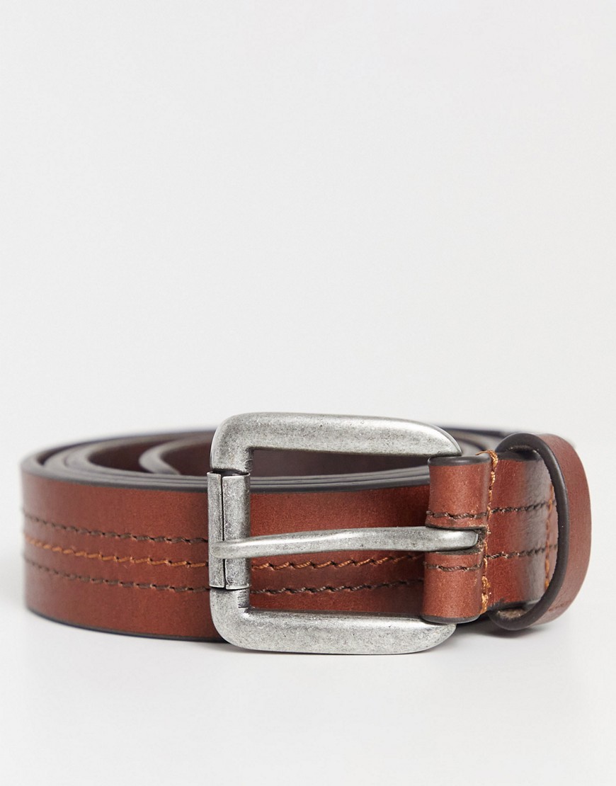 ASOS DESIGN leather slim belt in tan with stitch detail and silver roller buckle-Brown
