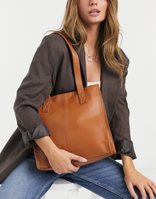 ASOS DESIGN leather square shopper bag in brown