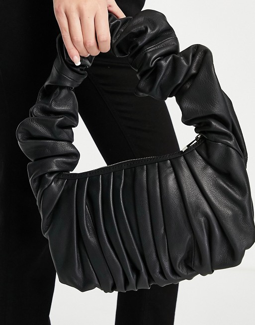 ASOS DESIGN leather super ruched shoulder bag in black