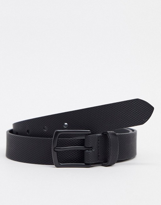 ASOS DESIGN leather slim belt in black with matte black buckle and textured detail