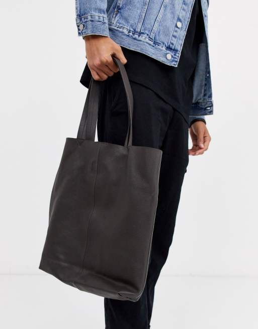 ASOS DESIGN leather tote bag in dark brown